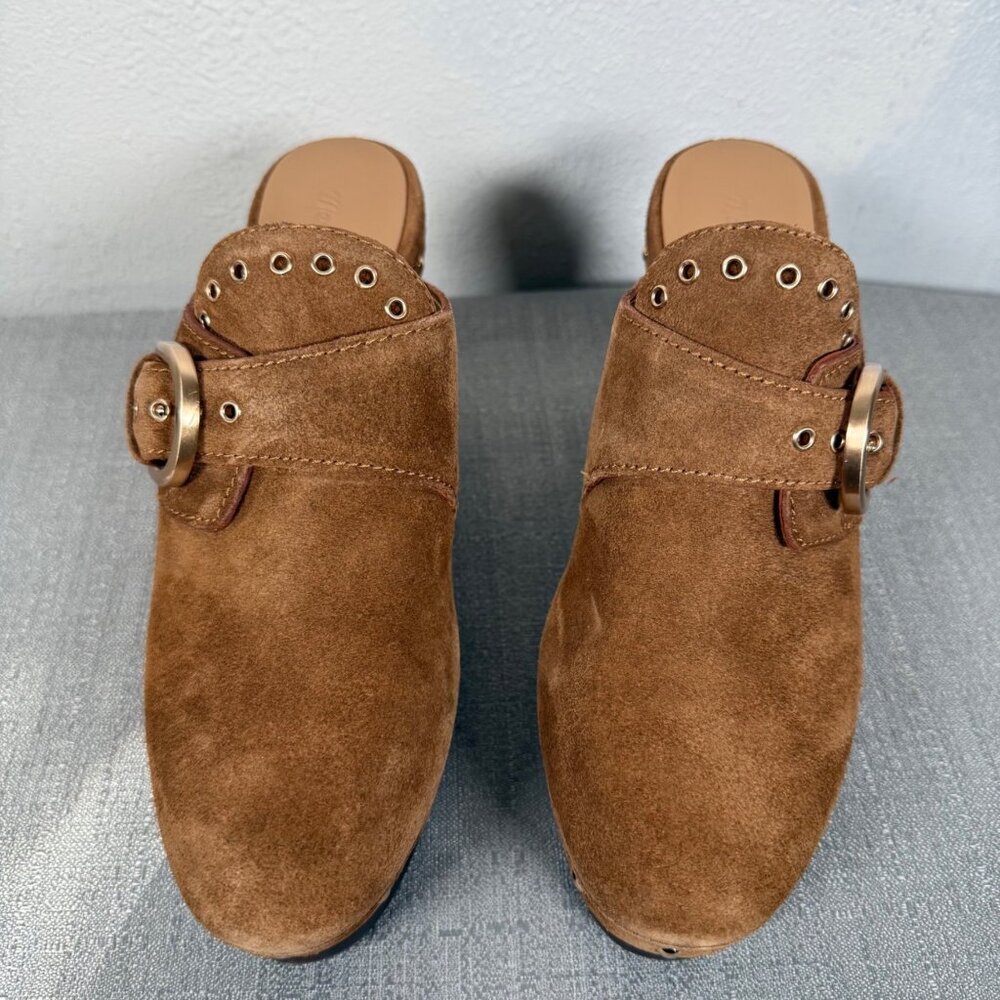 Madewell The Wes Buckle-Strap Clog Brown Suede Gold Studded Heels Platform 7 - Picture 13 of 16